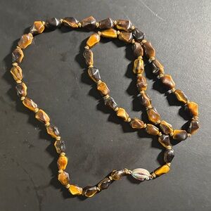 Hand Knotted Tiger’s Eye Beaded Necklace with Sterling Silver Clasp